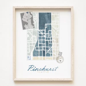 PINEHURST Seattle buurt kaart aquarel print WASHINGTON City Block Plan (Art Print) Downtown Seattle kaart muur lokale makelaar cadeau