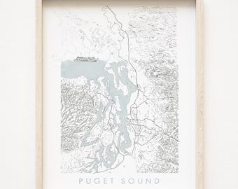 ピュージェット湾地形図フェリー地図ワシントン州（11x14 アートプリント）シアトルタコマオリンピアウィッビー島太平洋岸北西海岸