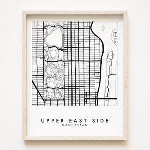 Upper East Side MANHATTAN New York City Hand Drawn Map Street Map Drawing Black and White (Art Print) Wedding Anniversary NYC Realtor Gift