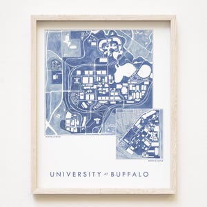 University at BUFFALO SUNY Campus handgeschilderde aquarel kaart (kunstafdruk) universiteitsplan afstudeercadeau UB blauw collegiaal decor