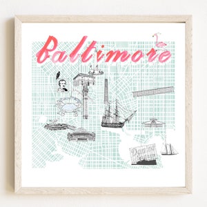 BALTIMORE Hon Charms bezienswaardigheden stadsplattegrond (aquarelprint + originele inktschetsen) MARYLAND bruiloft afstuderen makelaar bewegende geschenk kaart muur