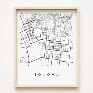 SONOMA Californië handgetekende topografische kaart tekening (Art Print) Russian River Valley bruiloft huis makelaar bewegende cadeau kaart muur zwart wit