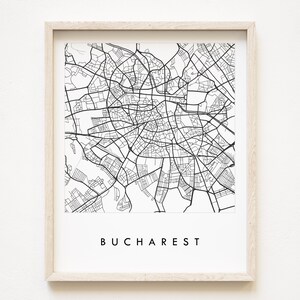 BOEKAREST kaart handgetekende stratenplan ROEMENI stadsplattegrond tekening zwart-wit (Art Print) huwelijksverjaardag cadeau Europese reizen afdrukken