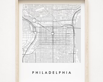 Karta över Philadelphia, gatukarta, stadskarta över Pennsylvania, svartvit teckning (konsttryck)