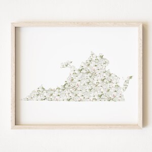 Carte florale de l'état de la Virginie aquarelle cornouiller d'Amérique (impression d'art) carte murale carte florale mariage UVA VT diplômé agent immobilier déménagement cadeau fête des mères