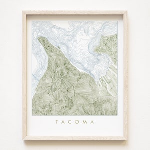 Mapa de TACOMA, tierra, agua, WASHINGTON, dibujo de mapa batimétrico topográfico (impresión artística), regalo de boda, decoración de pared de Puget Sound del noroeste del Pacífico