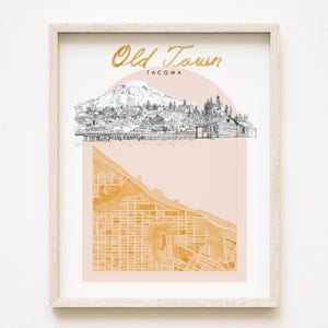 Mappa ad acquerello del quartiere Old Town di Tacoma, arancione con icone locali, Washington (stampa artistica)