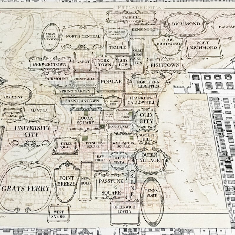 PHILADELPHIA Neighborhoods art Print Vintage City Map Etsy