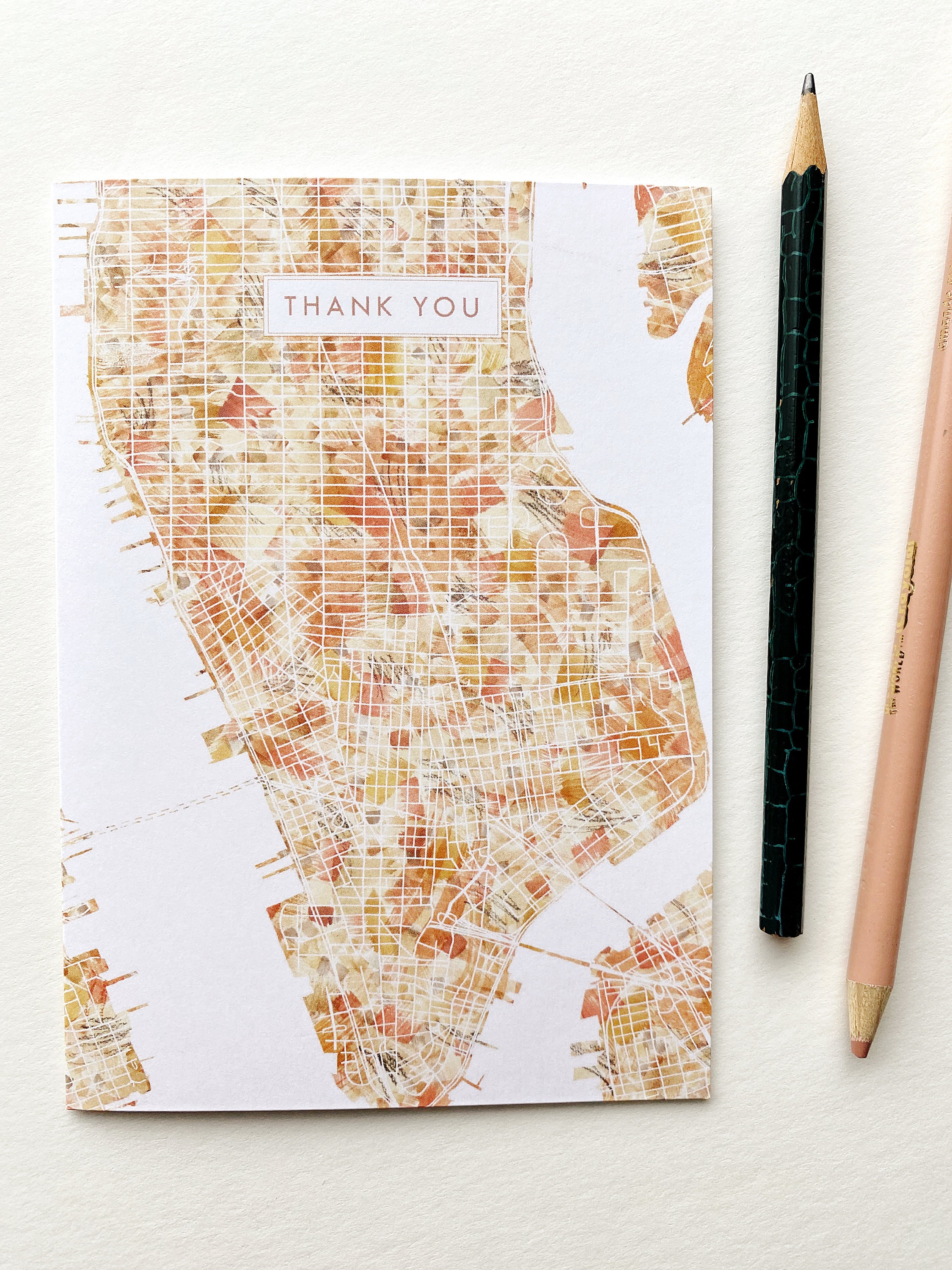 MANHATTAN New York Thank You Card Watercolor Painted Map Folded