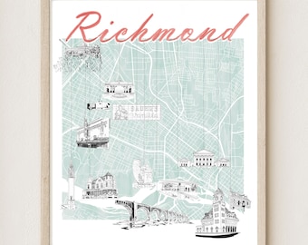 RICHMOND Charms Landmarks City Map (Watercolor Print + Original Ink Sketches) VIRGINIA Landmarks Art Wedding Graduation Realtor Gift