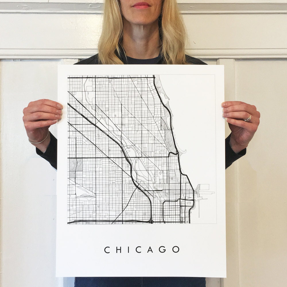 CHICAGO Map Hand Drawn Street Map ILLINOIS City Map Drawing Black and ...