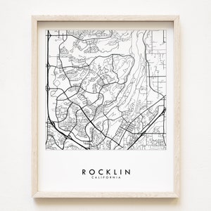 ROCKLIN Californië kaart handgetekende stratenplan stadsplattegrond tekening zwart-wit (Art Print) bruiloft afstuderen verhuizen makelaar huis verhuizen cadeau
