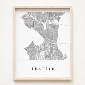 SEATTLE kaart stratenplan WASHINGTON stadsplattegrond tekening zwart-wit (Art Print) bruiloft verjaardag graduatiegift PNW decor Puget Sound