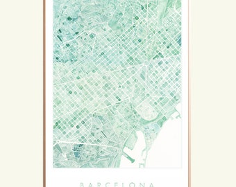 BARCELONA Map Watercolor Print SPAIN City Block Plan (Art Print) Anniversary Wedding Gift Mediterranean Wall Decor Spanish Travel Art