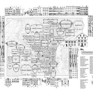 Puede incluir: Un mapa en blanco y negro de los barrios de Filadelfia, con cada barrio etiquetado en un óvalo decorativo. El mapa muestra el diseño de la ciudad y los nombres de las diferentes áreas, incluyendo Old City, University City y Grays Ferry.