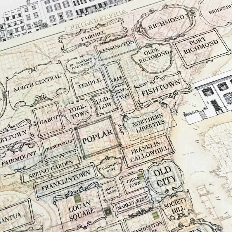 PHILADELPHIA Neighborhoods art Print Vintage City Map Etsy