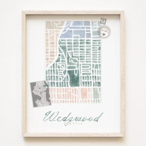 WEDGWOOD Seattle buurtkaart aquarel print WASHINGTON City Block Plan (Art Print) Seattle kaart muur lokaal decor makelaar cadeau