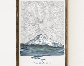 タホママウントレーニアワシントン手描きの地形図と山川の絵画（アート