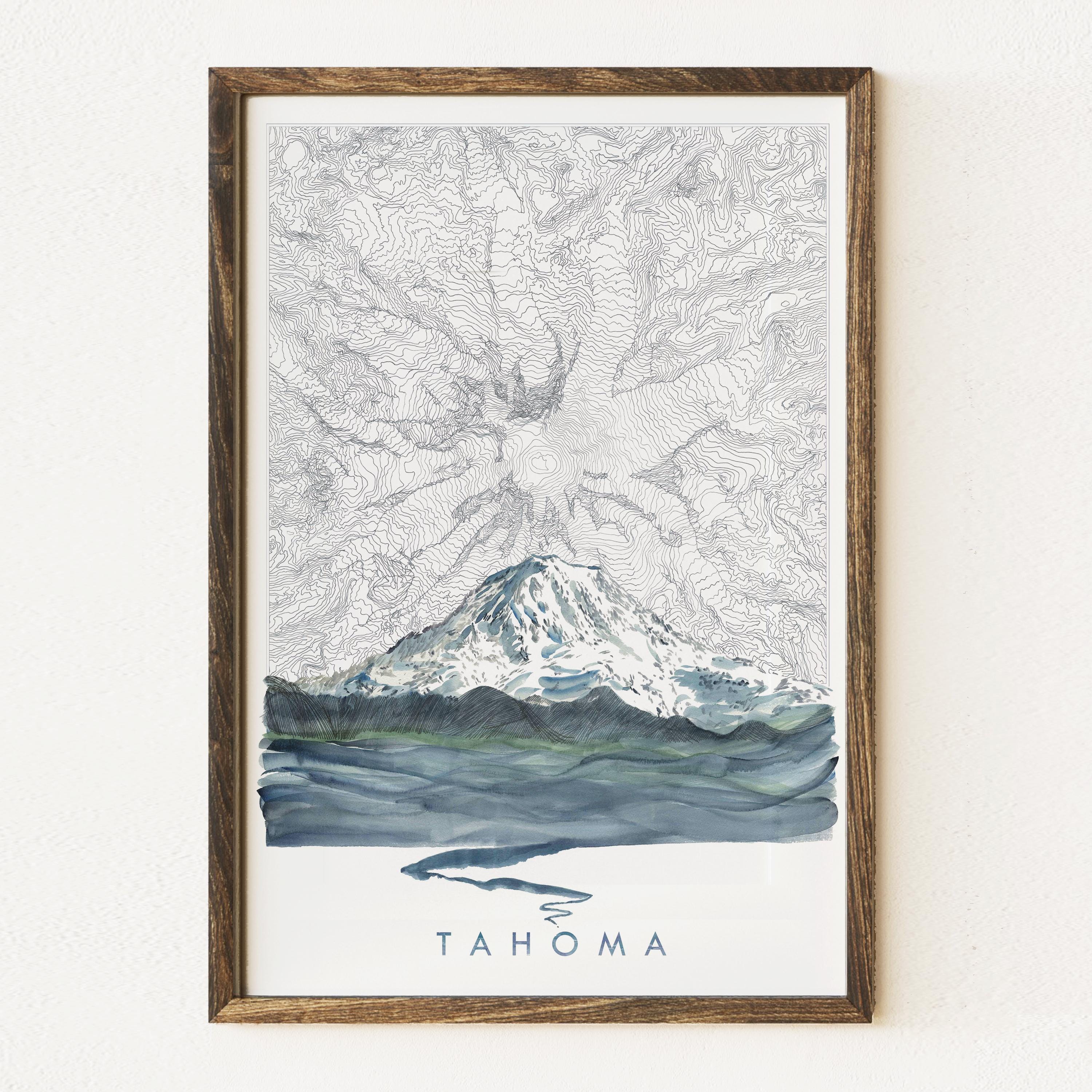 タホママウントレーニアワシントン手描きの地形図と山川の絵画（アート