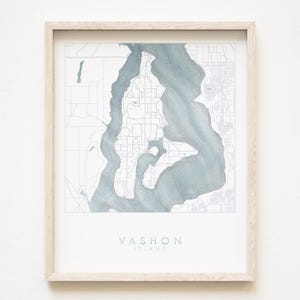 Aquarelle de VASHON Maury ISLAND, carte dessinée à la main, WASHINGTON, carte bathymétrique dessin (impression d'art) cadeau maison Puget Sound décoration de location de vacances