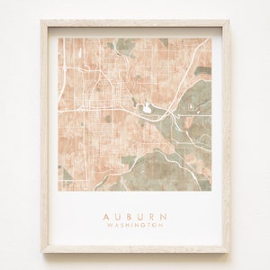AUBURN Washington kaart aquarel wassen stadsplattegrond (Art Print) bruiloft kaart muur Seattle makelaar bewegende huwelijkscadeau Muckleshoot Green River