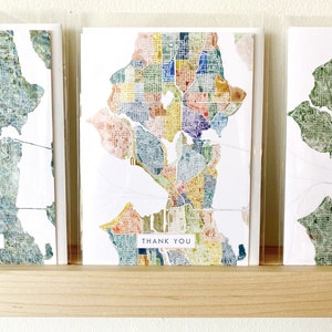 SEATTLE Barrios Washington Tarjeta de agradecimiento Mapa de acuarela Tarjeta de felicitación doblada Mapa de la ciudad Agente inmobiliario Gracias Maestro en movimiento Regalo Penpal