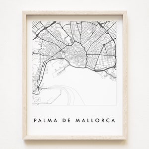 PALMA de MALLORCA Karte Hand gezeichnet Straßen Karte SPANIEN Stadt Karte Zeichnung Schwarz Weiß (Kunstdruck) Hochzeitstag Geschenk Reise Karte Wand