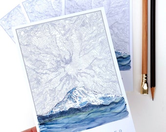 MOUNT RAINIER, Tahoma, carte topographique de la montagne, carte postale standard, cadeau de mariage de Seattle Tacoma, cadeau de voyage PnW, parc national de Penpal