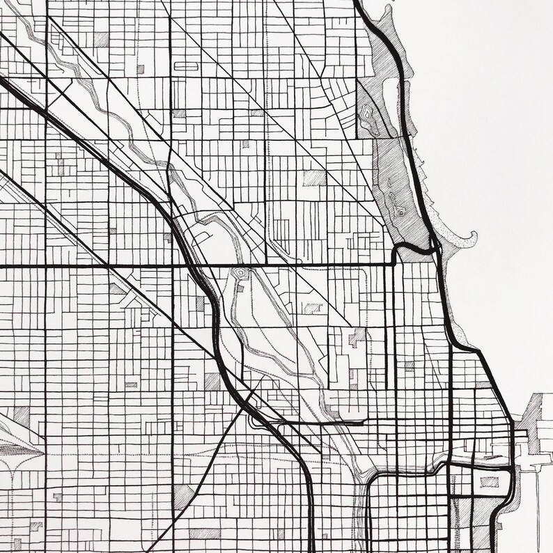 CHICAGO Map Hand Drawn Street Map ILLINOIS City Map Drawing Black and ...