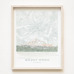 Mount Hood Wy'East OREGON handgetekende topografische kaart tekening en berg schilderij (Art Print) Trail Hiker Mountain PNW avonturier kaart