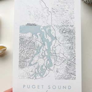 PUGET SOUND Topographical Watercolor Map POSTCARD Washington Salish Sea Map Wedding Favor Swag Realtor Graduation Moving Gift Penpal