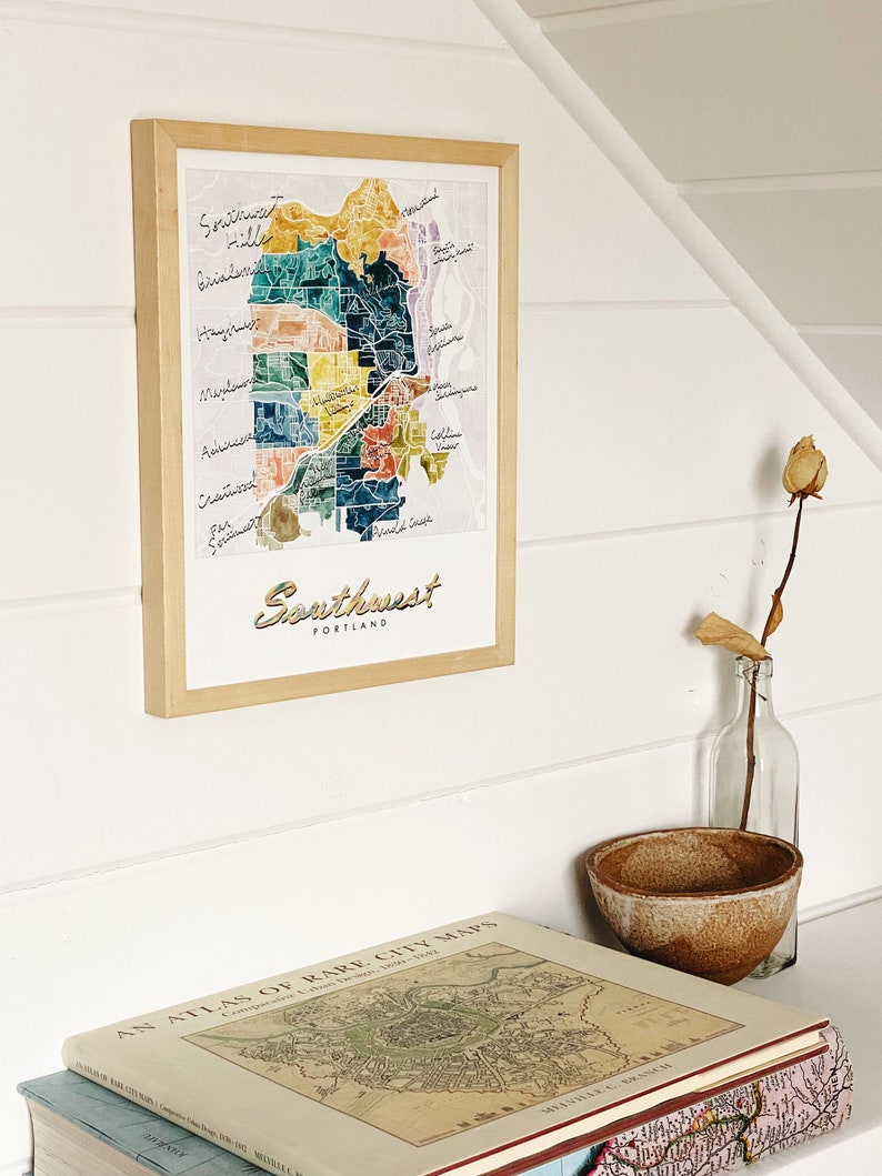 SOUTHWEST Portland Neighborhood Map Colorful Watercolor Print OREGON ...