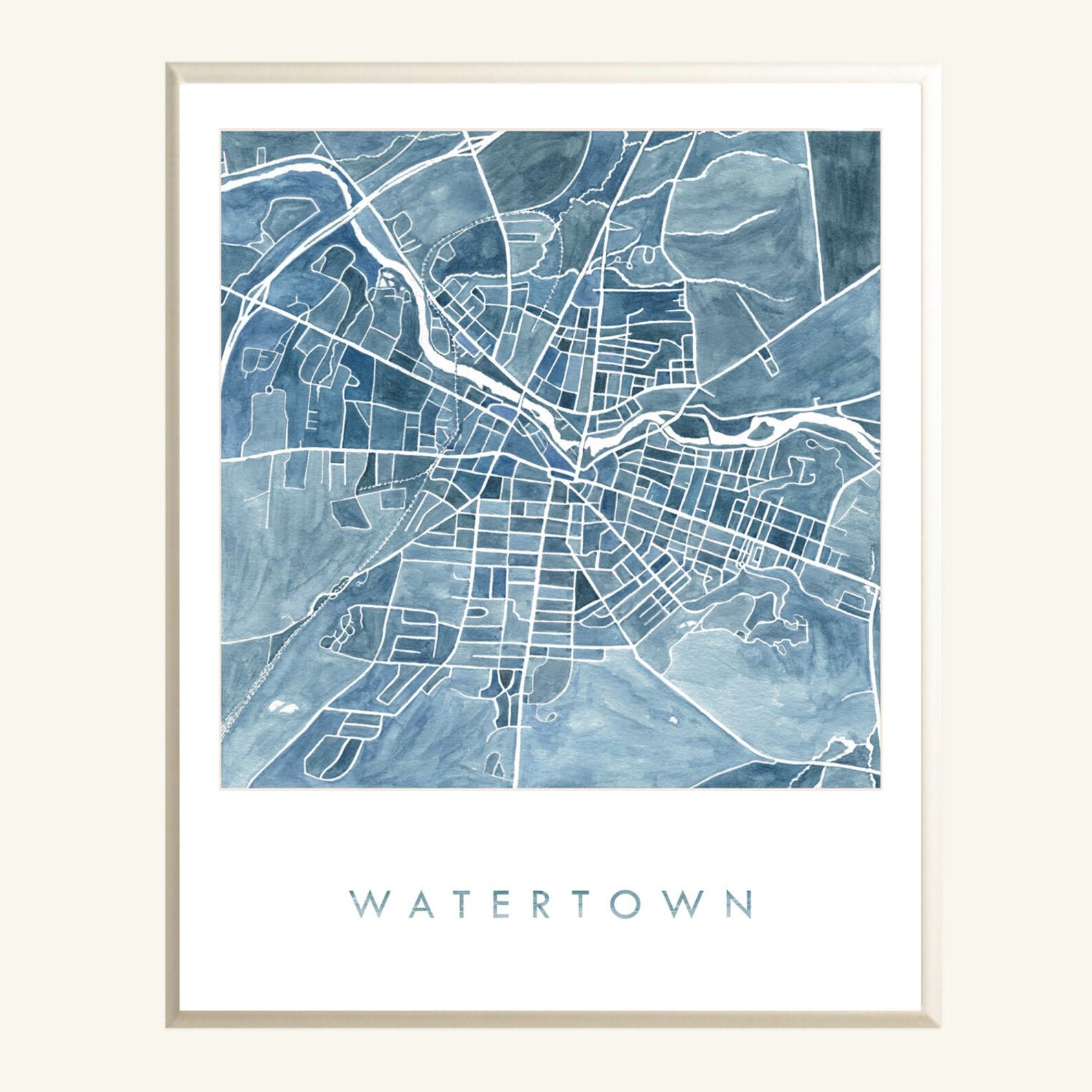 WATERTOWN New York Map Hand Painted Watercolor Map Print City Etsy