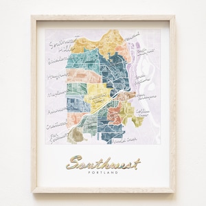 Mapa del vecindario del suroeste de Portland Impresión colorida en acuarela Plano de manzana de la ciudad de OREGÓN (impresión artística) Decoración del noroeste del Pacífico PDX