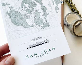 SAN JUAN Islands Topographic + Bathymetric Map Standard POSTCARD Orcas Island Friday Harbor Wedding Favor PnW Travel Gift Penpal Salish Sea
