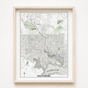 BALTIMORE-kaart handgetekende 1887 stratenplan MARYLAND stadskaart tekening (kunstdruk) aangepaste hart huwelijksverjaardag bewegende makelaar cadeau