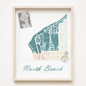 NORTH BEACH Seattle buurtkaart aquarel print WASHINGTON City Block Plan (Art Print) Downtown Seattle kaart muur makelaar cadeau lokaal