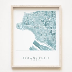 Browns Point TACOMA Neighborhood Map Blau Aquarell Druck WASHINGTON Blockplan (Kunstdruck) pazifischer Nordwesten Puget Sound lokalen Dekor