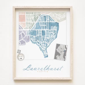 LAURELHURST Seattle buurtkaart aquarel print WASHINGTON City Block Plan (Art Print) Downtown Seattle kaart muur makelaar