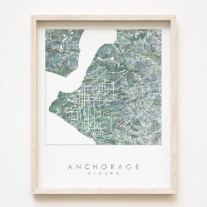 ANCHORAGE Landkarte Aquarell Wash Topographische Stadt Block Plan (Kunst Druck) ALASKA Hochzeitstag Geschenk Reise Karte Kartographische Dekor