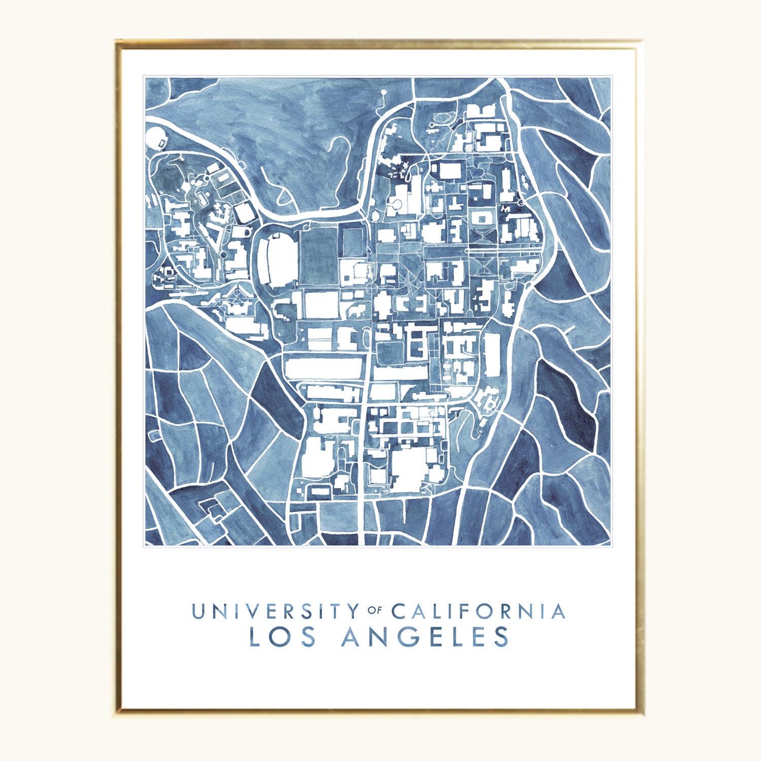 Ucla Zip Code Map Ucla Campus Hand Painted Watercolor Map Art Print University | Etsy