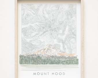 May include: A framed wall art print featuring a topographic map of Mount Hood. The image displays a mountain peak with light brown and white shading, a dark green forest line, and a light grey lake, with the text MOUNT HOOD printed at the bottom.