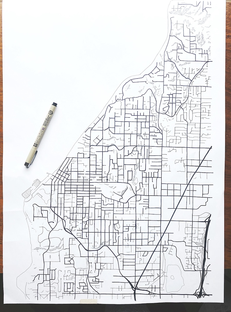 EDMONDS Map Hand Drawn Street Map WASHINGTON City Map Drawing Blueprint ...