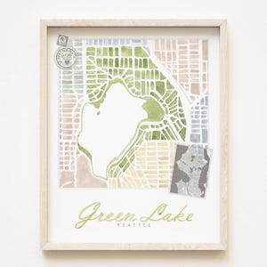 Carte du quartier de Seattle GREEN LAKE, impression aquarelle Plan d'îlot de la ville de WASHINGTON (impression d'art) Centre-ville de Seattle, carte murale cadeau pour agent immobilier local