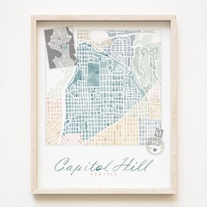 CAPITOL HILL Seattle carte du quartier impression aquarelle plan d'îlot de la ville de WASHINGTON (impression d'art) mur du nord-ouest du Pacifique Puget Sound décoration locale