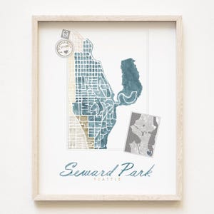 SEWARD PARK Seattle buurt kaart aquarel print WASHINGTON City Block Plan (Art Print) kaart muur makelaar cadeau Audubon Lake Washington