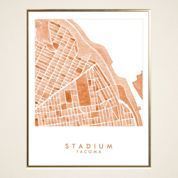 Stadium District TACOMA Neighborhood Map Red Watercolor Print WASHINGTON City Block Plan (Art Print) Pacific Northwest Puget Sound Decor