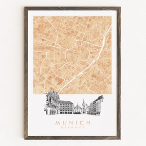 Carte aquarelle de MUNICH et impression de croquis architecturaux ALLEMAGNE Plan d'îlot (impression d'art) Anniversaire de mariage Cadeau de remise des diplômes Voyage en Europe