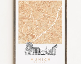 MUNICH Watercolor Map and Architectural Sketch Print GERMANY City Block Plan (Art Print) Anniversary Wedding Graduation Gift European Travel