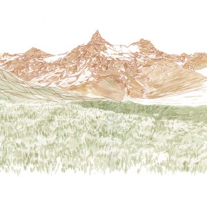May include: A watercolor illustration of a mountain range with a pointed peak. The mountains are drawn in brown lines with a light brown wash of color. The foreground is a field of green grass.